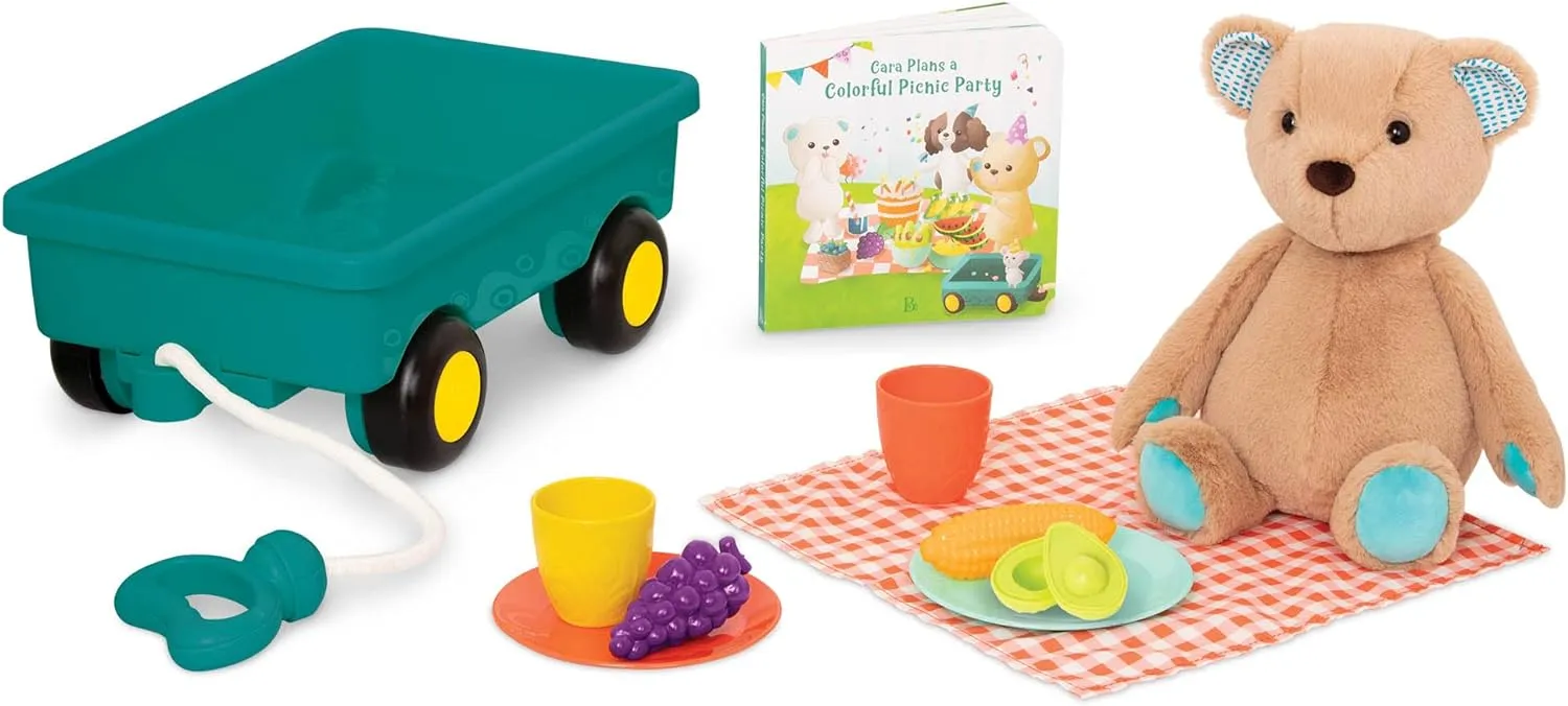 B. toys – Picnic Play Set – Plush Bear – Board Book – Wagon & Play Food – 18 Months   – Happyhues - Cara-Mellow Bear Playset