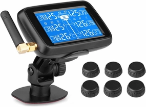 B-Qtech RV Tire Pressure Monitoring System for Trailer Travel Truck Motorhome(0~215PSI) with 6 Sensors, Solar Powered TPMS 5 Alarm Modes Tire Pressure Real-time Monitor Alarm System