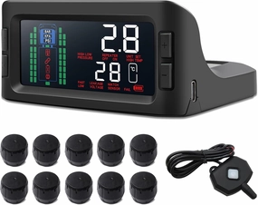 B-Qtech Solar TPMS Tire Pressure Monitoring System with 10 Sensors & Signal Booster for Trailer RV Trucks, 3.3inch Large Screen, 0-13.7Bar/199Psi, 7 Alert Modes, Max Expandable to 36 Sensors