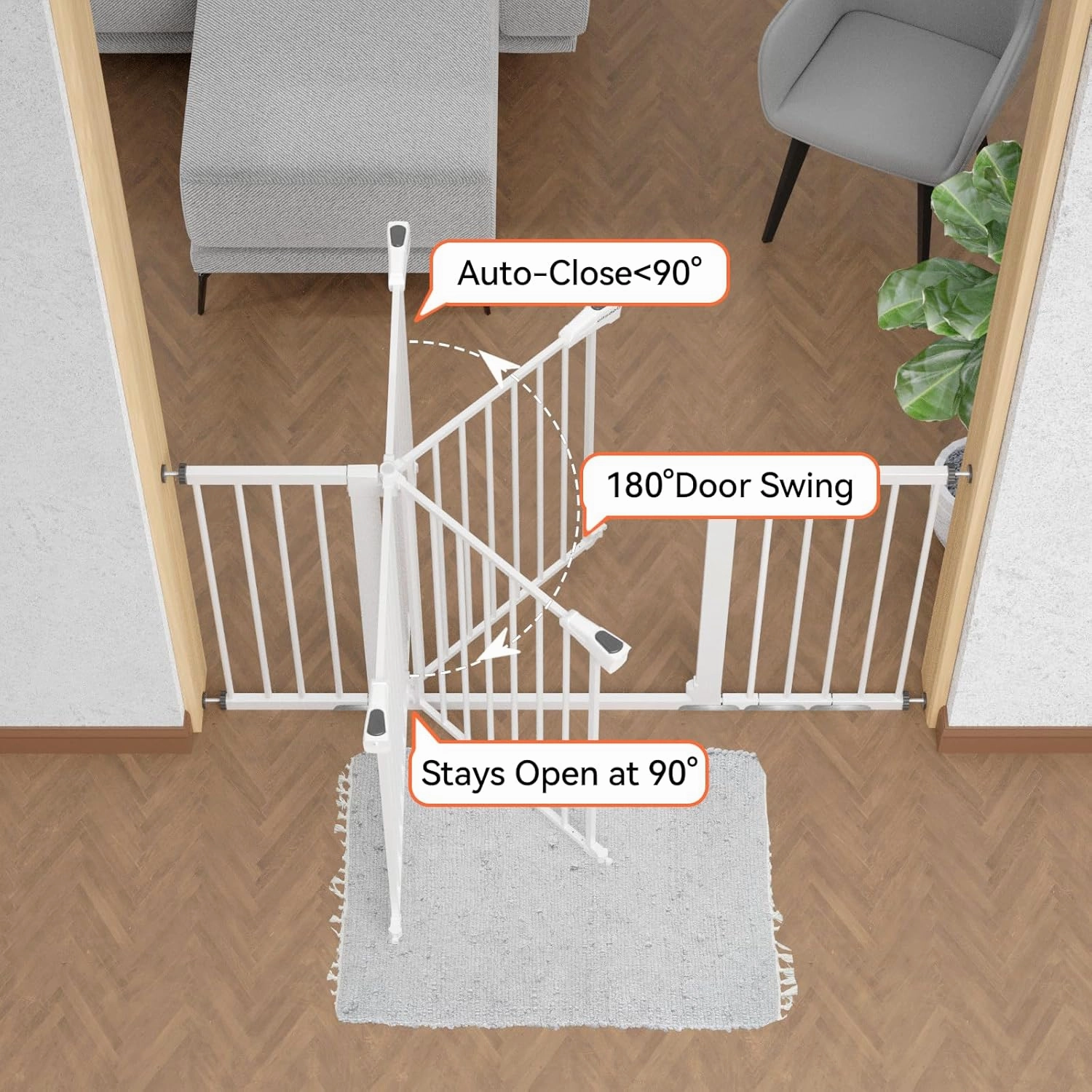 BABELIO 29-55 Inch Extra Wide Baby/Dog Gate, Metal Auto Close, Pressure Mounted Pet Door for Doorways, NO Need Tools and Drilling, with Wall Cups, White