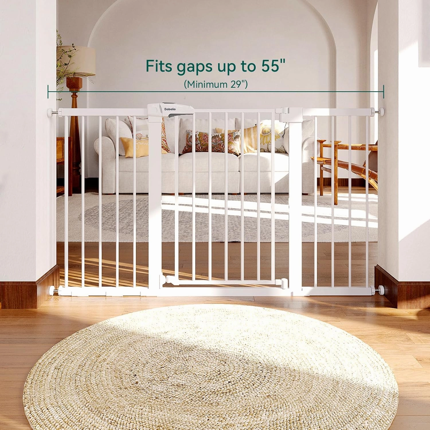 BABELIO 29-55 Inch Extra Wide Baby/Dog Gate, Metal Auto Close, Pressure Mounted Pet Door for Doorways, NO Need Tools and Drilling, with Wall Cups, White
