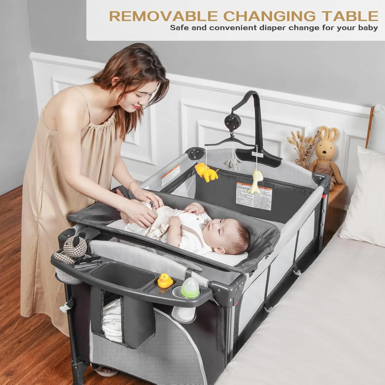 Baby Bassinet Bedside Sleeper,5 in-1 Pack and Play Portable Crib for Baby,Multifunction Bedside Crib from Newborn to Toddlers,Diaper Changer,Playard,Safety Strap,Carry Bag,Hanging Toys