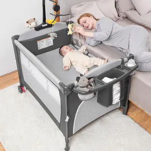 Baby Bassinet Bedside Sleeper,5 in-1 Pack and Play Portable Crib for Baby,Multifunction Bedside Crib from Newborn to Toddlers,Diaper Changer,Playard,Safety Strap,Carry Bag,Hanging Toys