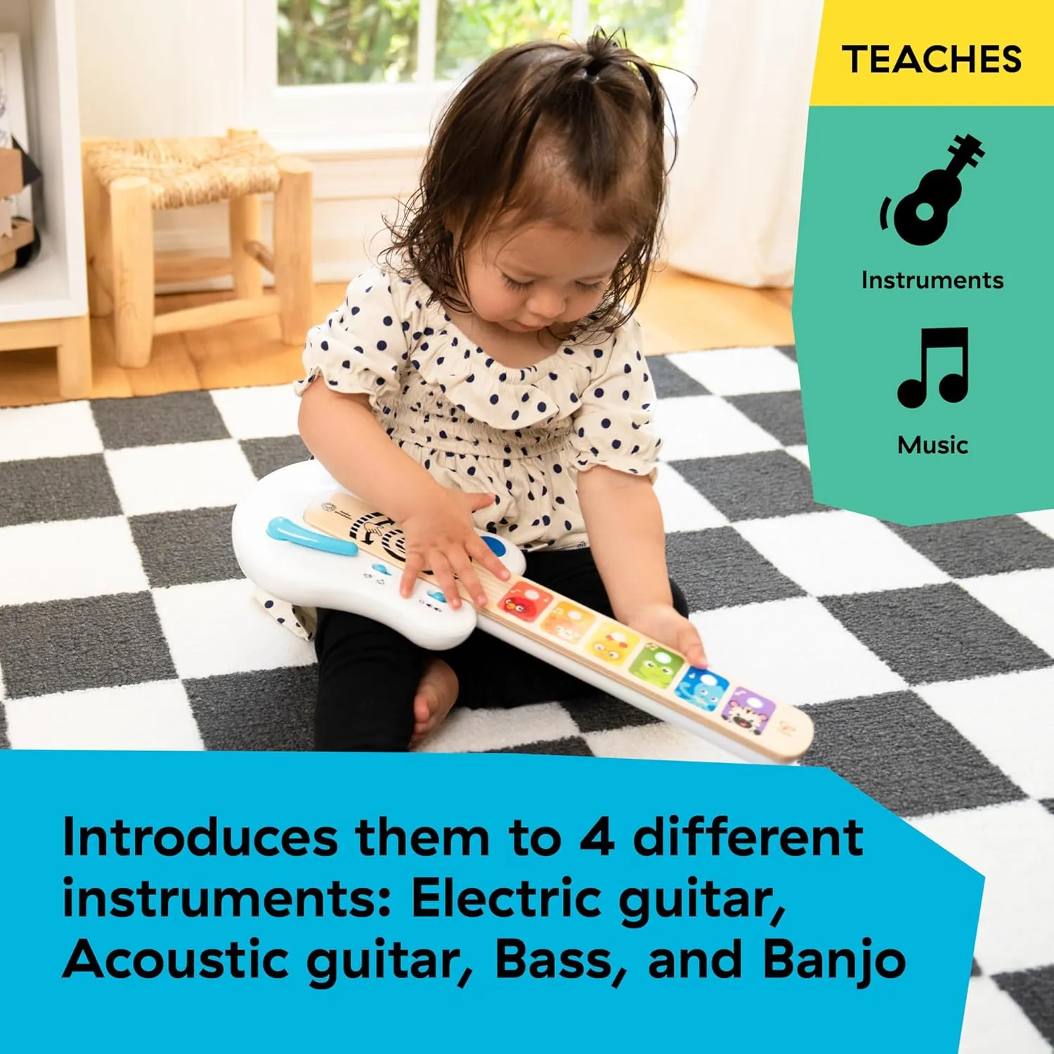 Baby Einstein Strum Along Songs Magic Touch Wooden Toy Guitar with Whammy Bar, Montessori Musical Learning Toy with Lights, 12mo 