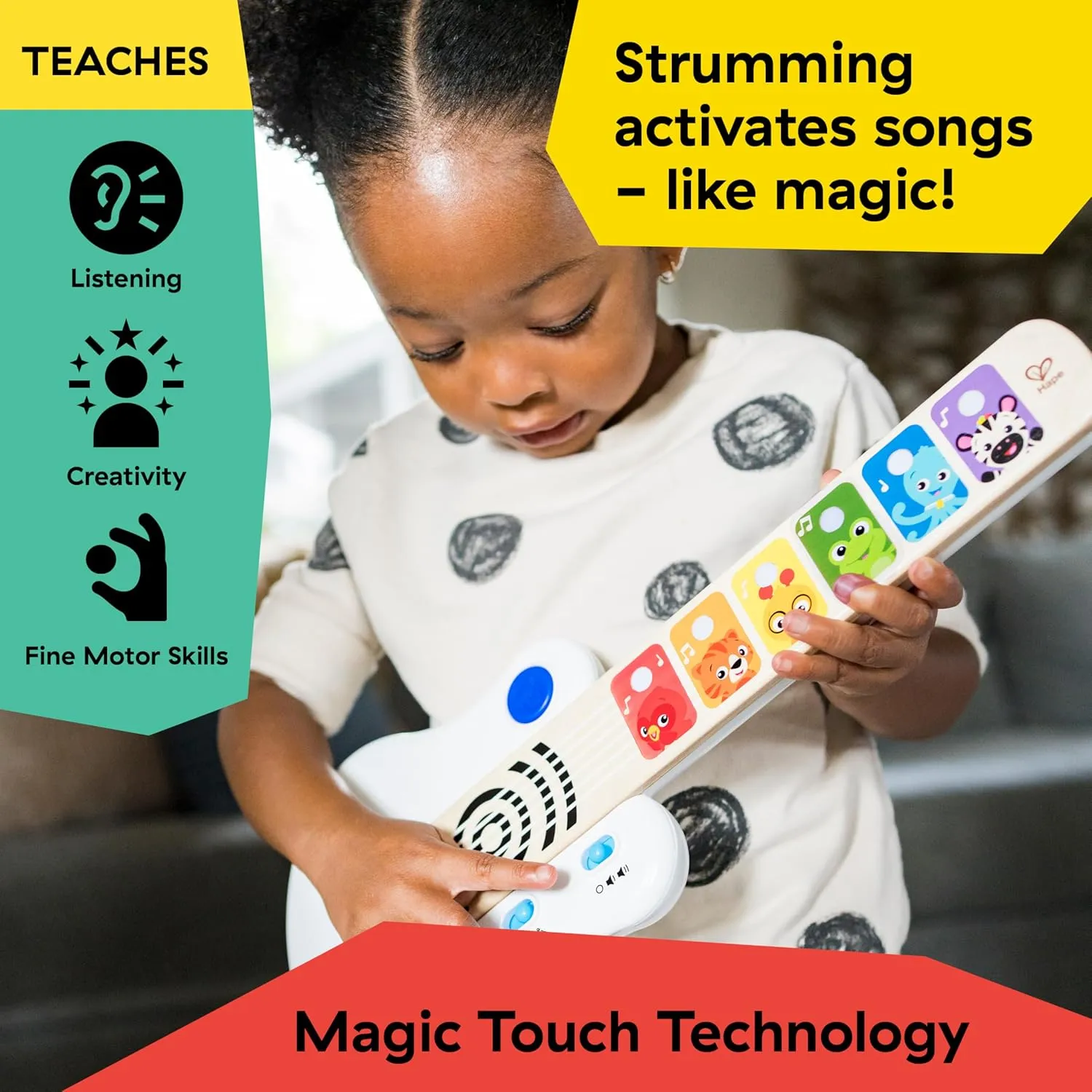 Baby Einstein Strum Along Songs Magic Touch Wooden Toy Guitar with Whammy Bar, Montessori Musical Learning Toy with Lights, 12mo 