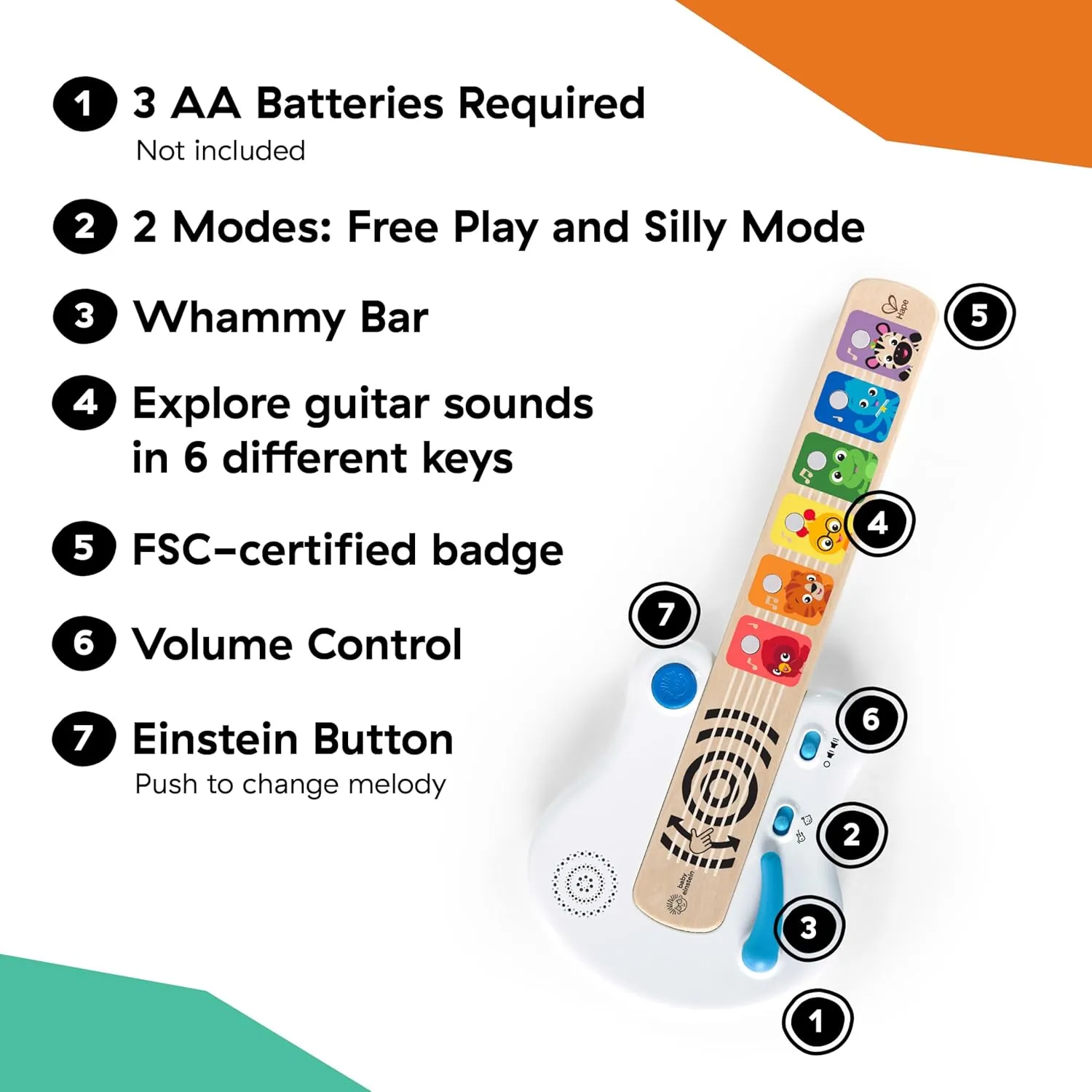 Baby Einstein Strum Along Songs Magic Touch Wooden Toy Guitar with Whammy Bar, Montessori Musical Learning Toy with Lights, 12mo 