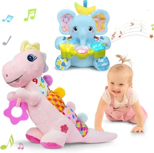 Baby Gift Set for 0-12  Months (1 * Baby Elephant Musical Toy & 1 * Musical Plush Dinosaur Toy)