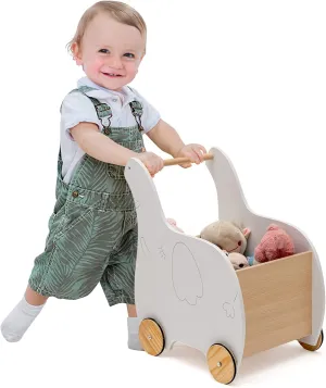 BABY JOY Baby Wooden Push Walker, 2-in-1 Toddler Learning Walker w/Toy Storage Chest, Non-Slip 4-Wheels, Push & Pull Stroller Walker for 1-3 Years Old Boys Girls (Cute Elephant)
