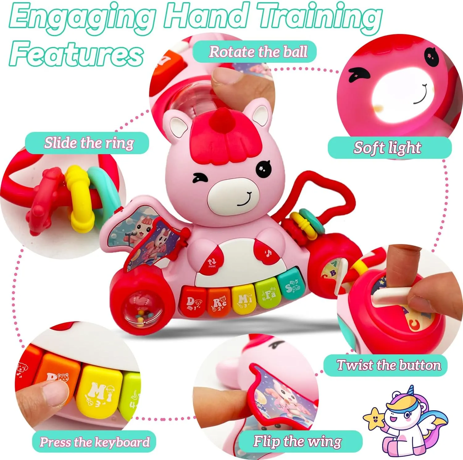 Baby Music Toys for Toddlers, Light Up Music Baby Toys for 18  Months Early Learning Educational Piano Keyboard Infant Toys Baby Boy Girl Gifts (Unicorn-Pink)