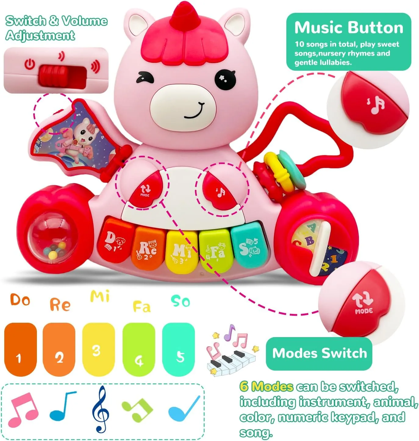 Baby Music Toys for Toddlers, Light Up Music Baby Toys for 18  Months Early Learning Educational Piano Keyboard Infant Toys Baby Boy Girl Gifts (Unicorn-Pink)