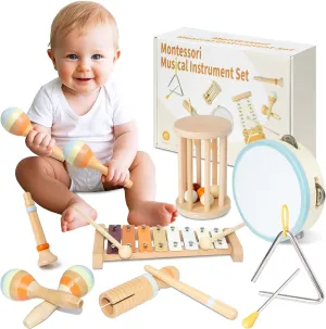 Baby Musical Instruments, Montessori Wooden Toys for Toddlers, Premium Wooden Musical Instrument Set for Kids Preschool Educational, Fun Musical Instruments for Children