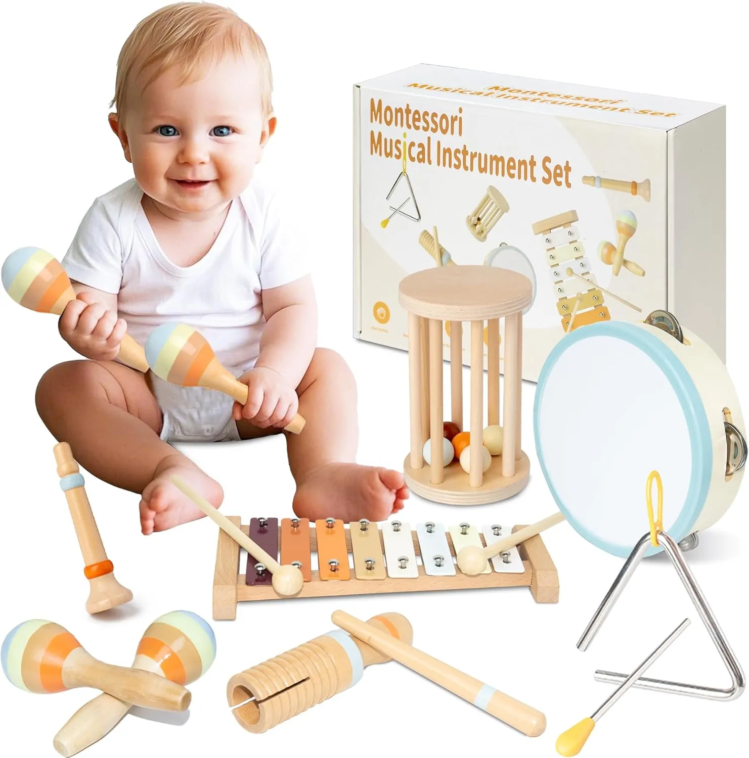 Baby Musical Instruments, Montessori Wooden Toys for Toddlers, Premium Wooden Musical Instrument Set for Kids Preschool Educational, Fun Musical Instruments for Children
