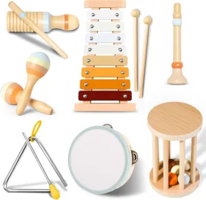 Baby Musical Instruments-Neutral Colors Musical Toys for Toddlers 1-3,Montessori Wooden Percussion Instruments Set with Modern Boho Xylophone Tambourine,Kids Preschool Educational 3  Birthday Gifts