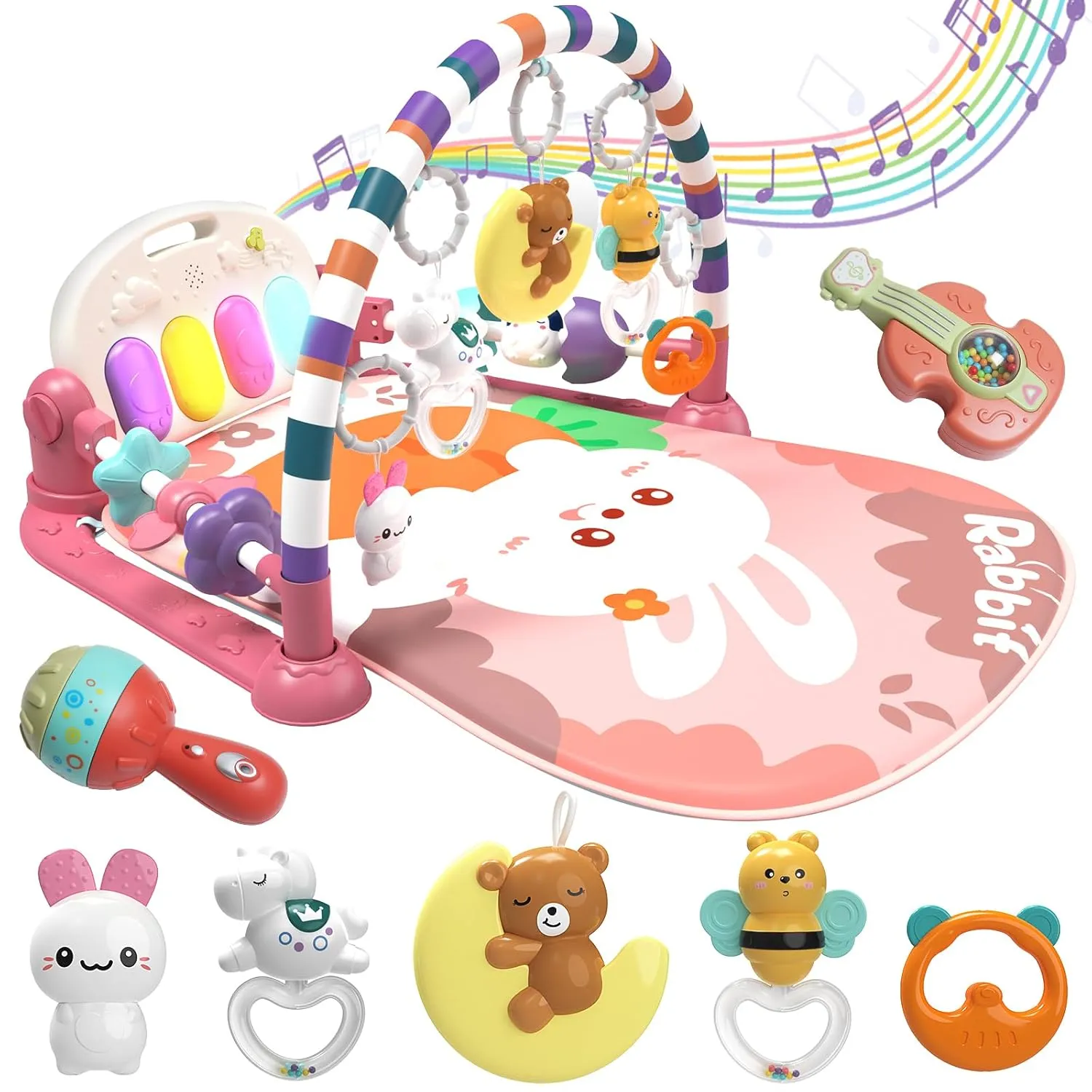 Baby Play Mat Baby Gym,Funny Play Piano Tummy Time Baby Activity Mat with 7 Infant Sensory Baby Toys, Music and Lights Boy & Girl Gifts for Newborn Baby 0-3-6-9-12 Months (Pink)