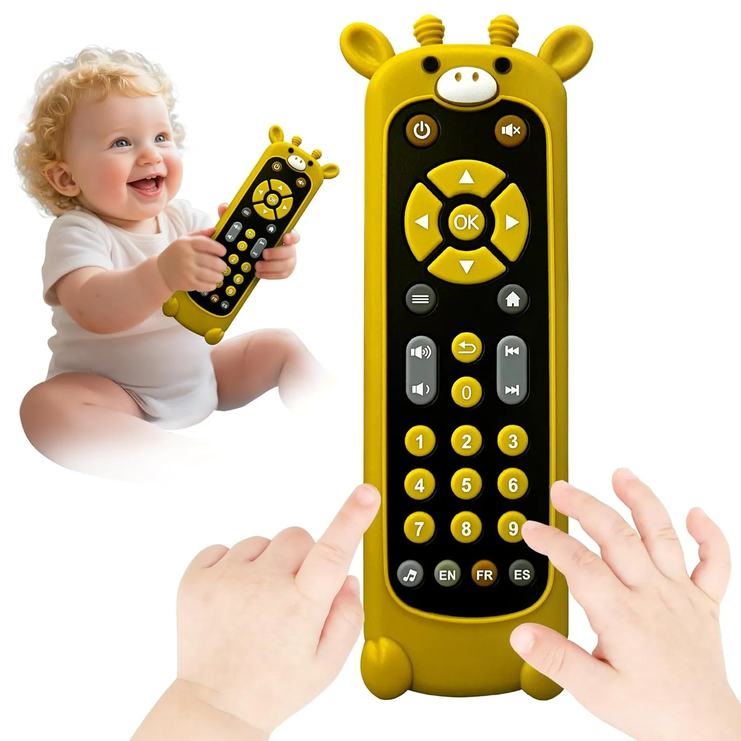Baby Remote Control Toy with Silicone Teether Cover​​ - 3 Language Learning Toy (English/Spanish/French), 50  Musical Sounds & Lights, Interactive Educational Gift for 6-18 Month Olds