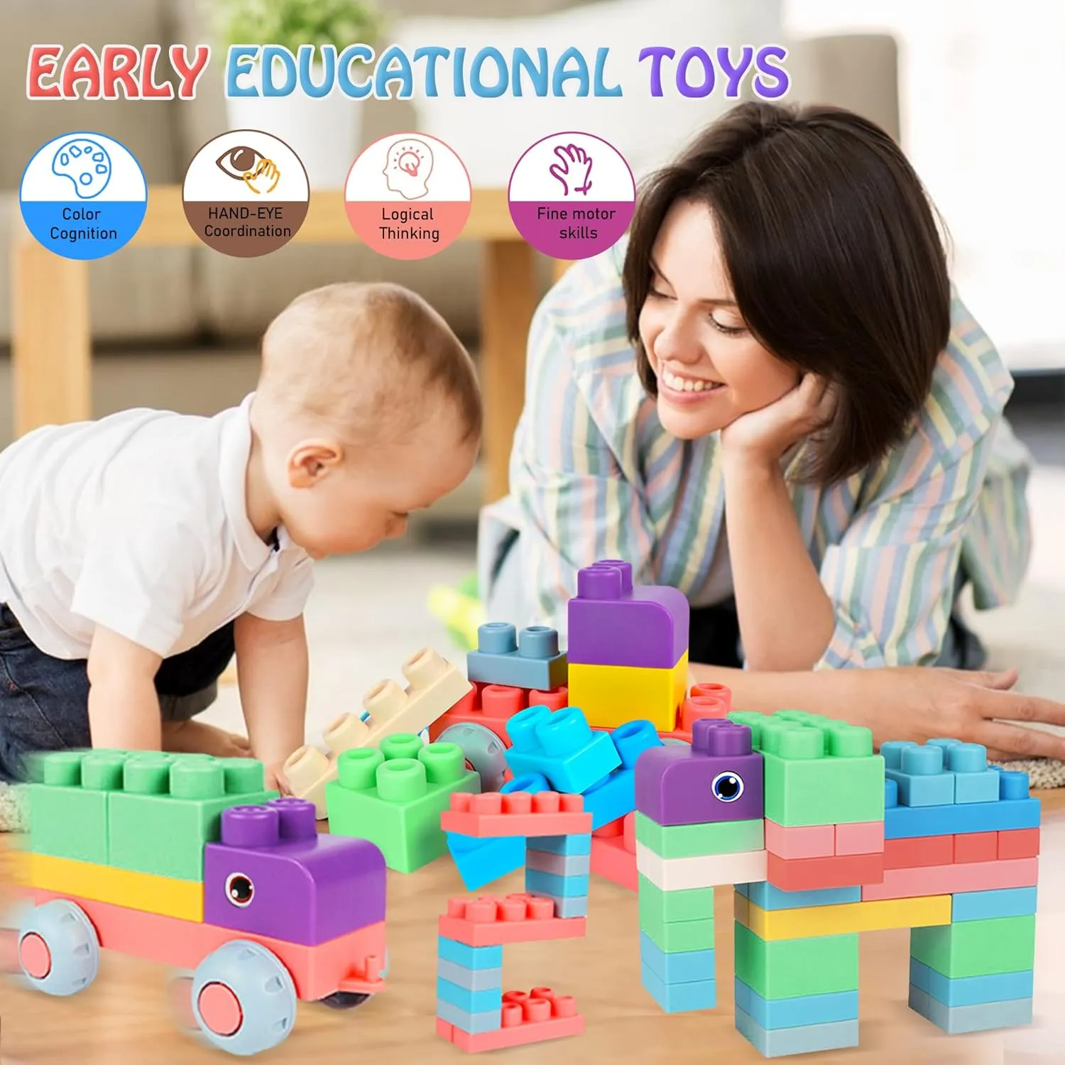 Baby Soft Blocks Building Block Toys, Blocks for Babies 6 Months and Up STEM Educational Toddler Gifts, Baby Soft Rubber Blocks Big Building Blocks Sensory Toys, 46PCS
