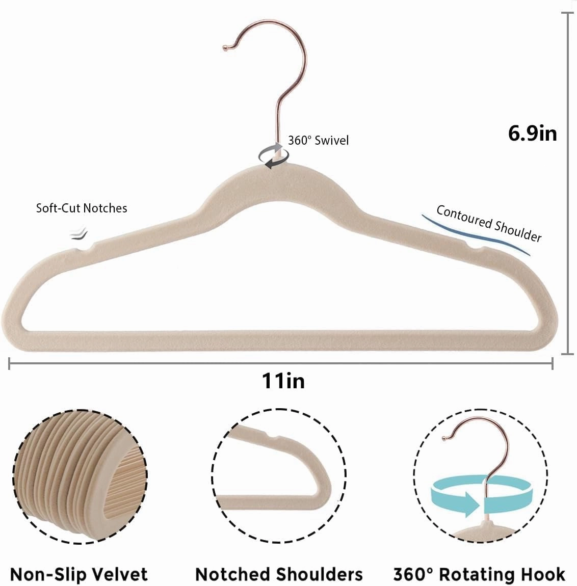 Baby Hangers Velvet 30 Pack - 11'' Inch Premium Non Slip Kids Felt Hanger for Clothes - Ultra Thin Baby Felt Hangers for Toddler Children's Closet with 10 Hanger Clips - Beige
