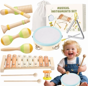 Baby Musical Instruments Montessori Wooden Music Toys Set 1-3 Gifts Kids Toddler Percussion Drum Modern Boho Xylophone with Storage Bag Boys Girls Birthday Christmas Preschool Learning Gifts
