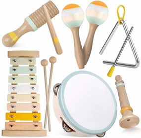 Baby Musical Instruments-Montessori Wooden Toys for Toddlers 1-3,Neutral Colors Percussion Instruments Set with Modern Boho Xylophone for Kids Preschool Educational 3 