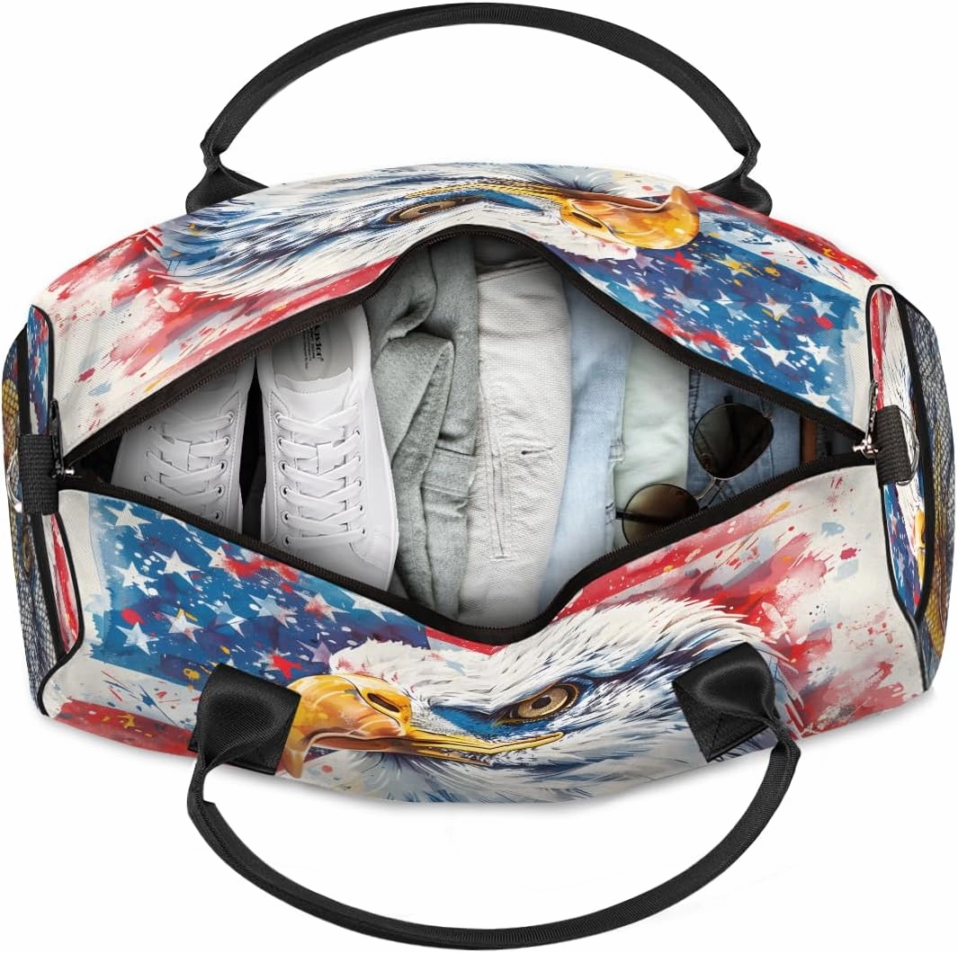 Bald Eagles USA Flag Travel Duffle Bag for Women Men Foldable Waterproof Weekender Bag Carry on Tote for Overnight Sports Gym American Flags
