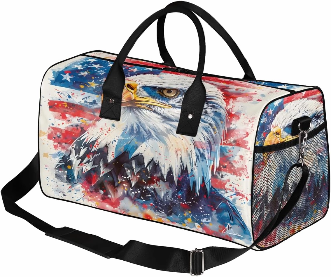 Bald Eagles USA Flag Travel Duffle Bag for Women Men Foldable Waterproof Weekender Bag Carry on Tote for Overnight Sports Gym American Flags