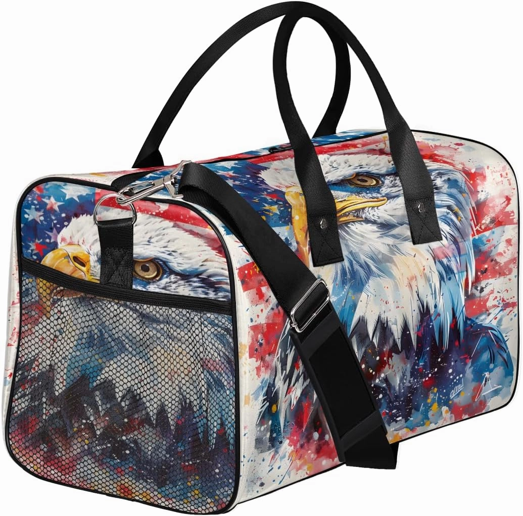 Bald Eagles USA Flag Travel Duffle Bag for Women Men Foldable Waterproof Weekender Bag Carry on Tote for Overnight Sports Gym American Flags