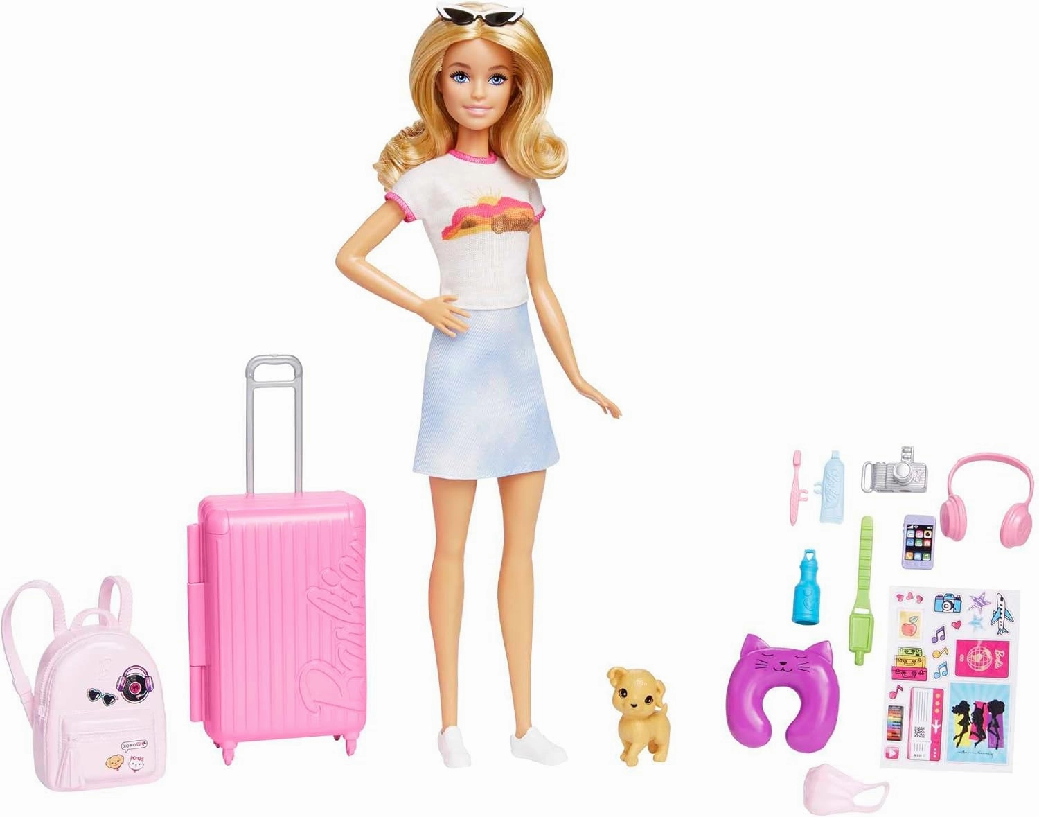 Barbie Doll & Accessories, Travel Set with Puppy and 10  Pieces, Suitcase Opens & Closes, Barbie "Malibu" with Blonde Hair