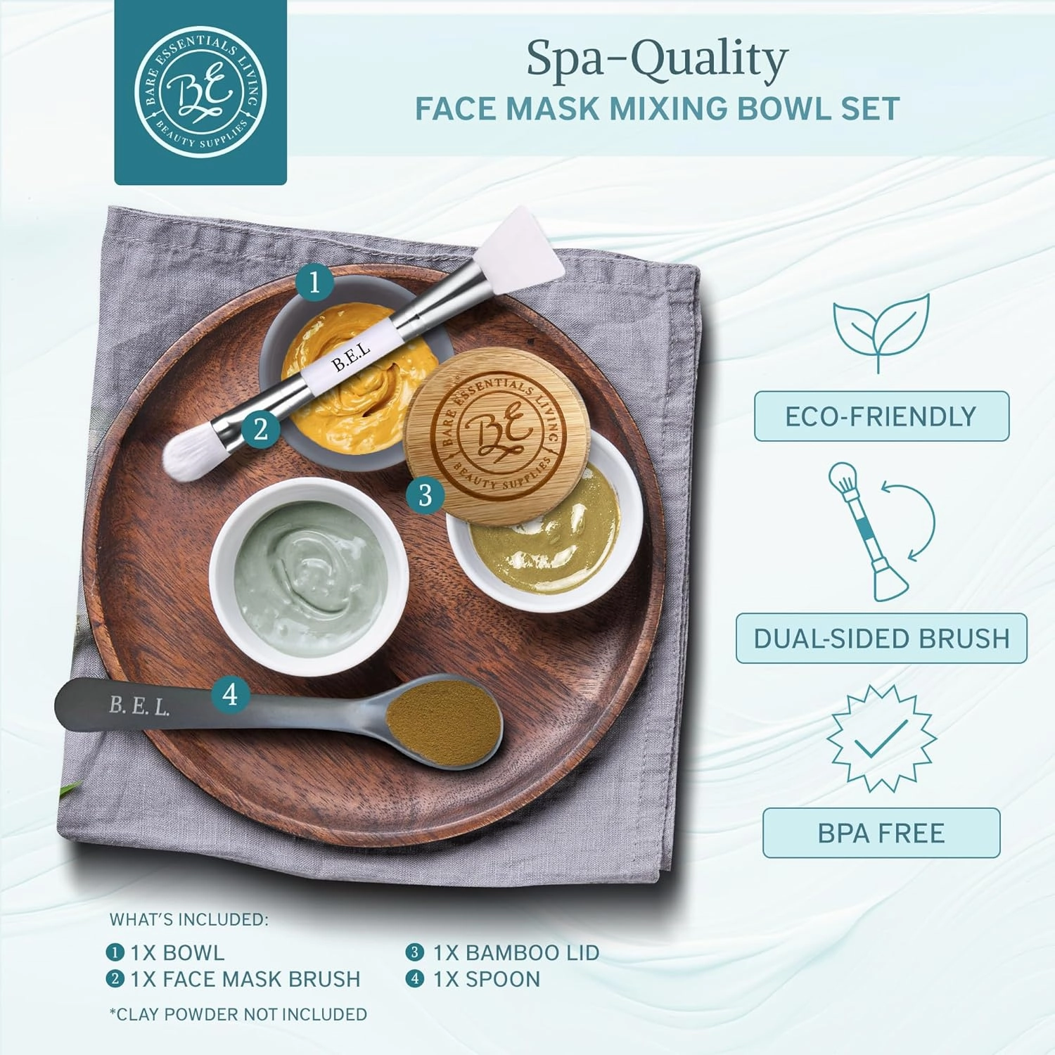 Bare Essentials Living - Clay Face Mask Mixing Bowl Set, Skin Care Kit Facial Bowls with Bamboo Lid, Face Mask Spoon, & Dual Sided Face Mask Brush Applicator for DIY Facial & Hair Clay Mask (Mermaid)