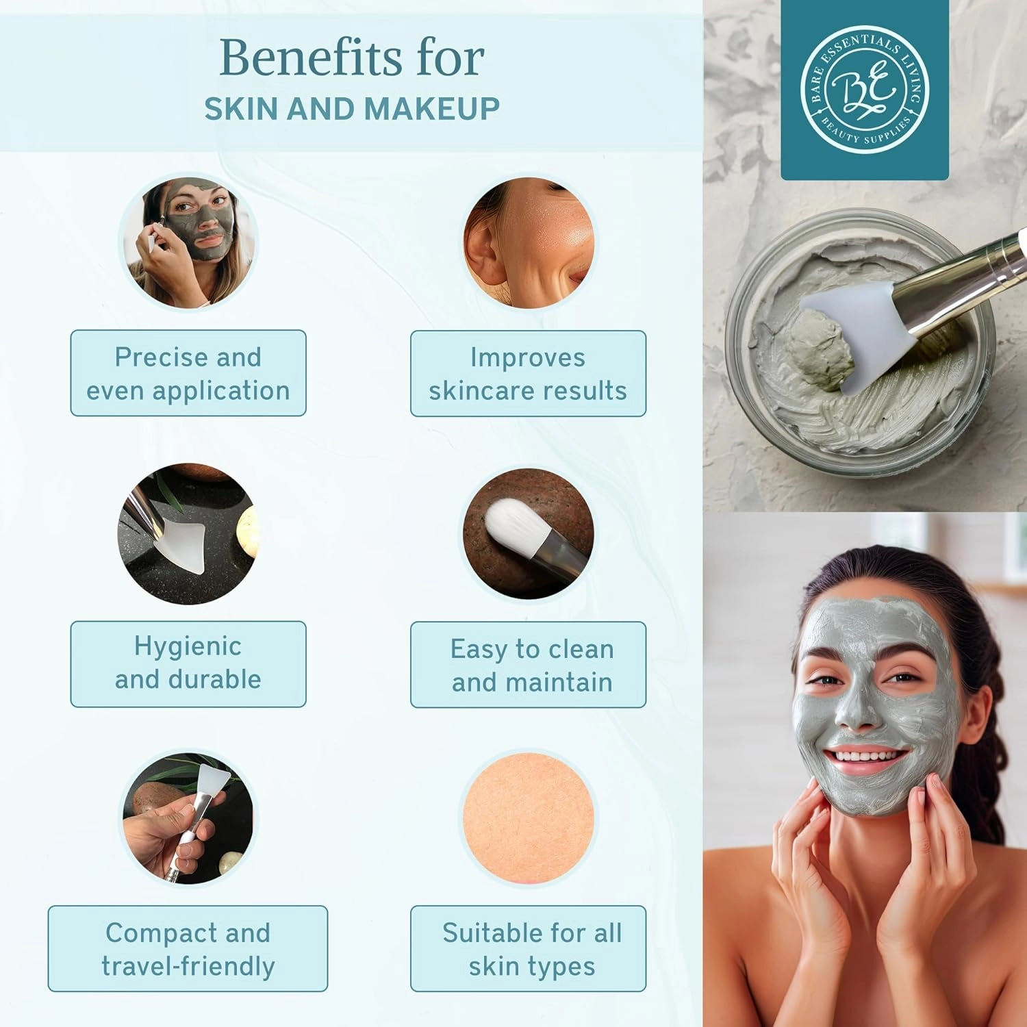 Bare Essentials Living Clay Face Mask Brush (3 Pack, White) Dual Soft Silicone Face Mask Applicator Brush Tool, Great Facial Essentials, Moisturizer Applicator & Skincare Brush for Facials