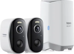 Baseus Wireless Cameras for Home Security, N1 2-Cam Kit with 2K Clarity, No Monthly Fee, 16TB Expandable Local Storage, 210-Day Battery Life, Compatible with Alexa/Google Home, Light Grey