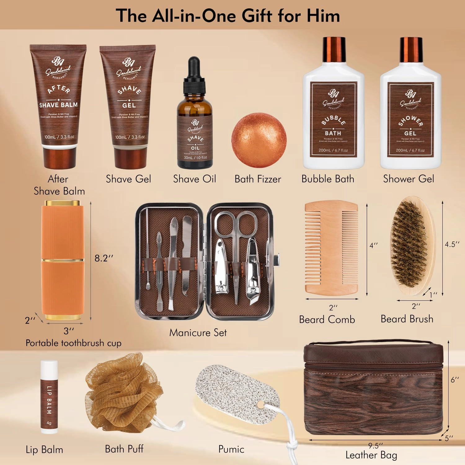 Bath Gift Set & Beard Kit with Leather Bag, 21pcs Sandalwood Bergamot Home Spa Kit, Relaxing Men's Body Wash Gift Basket & More for Christmas, Birthday, Father's Day Gift, Dad, Boyfirend, Husband