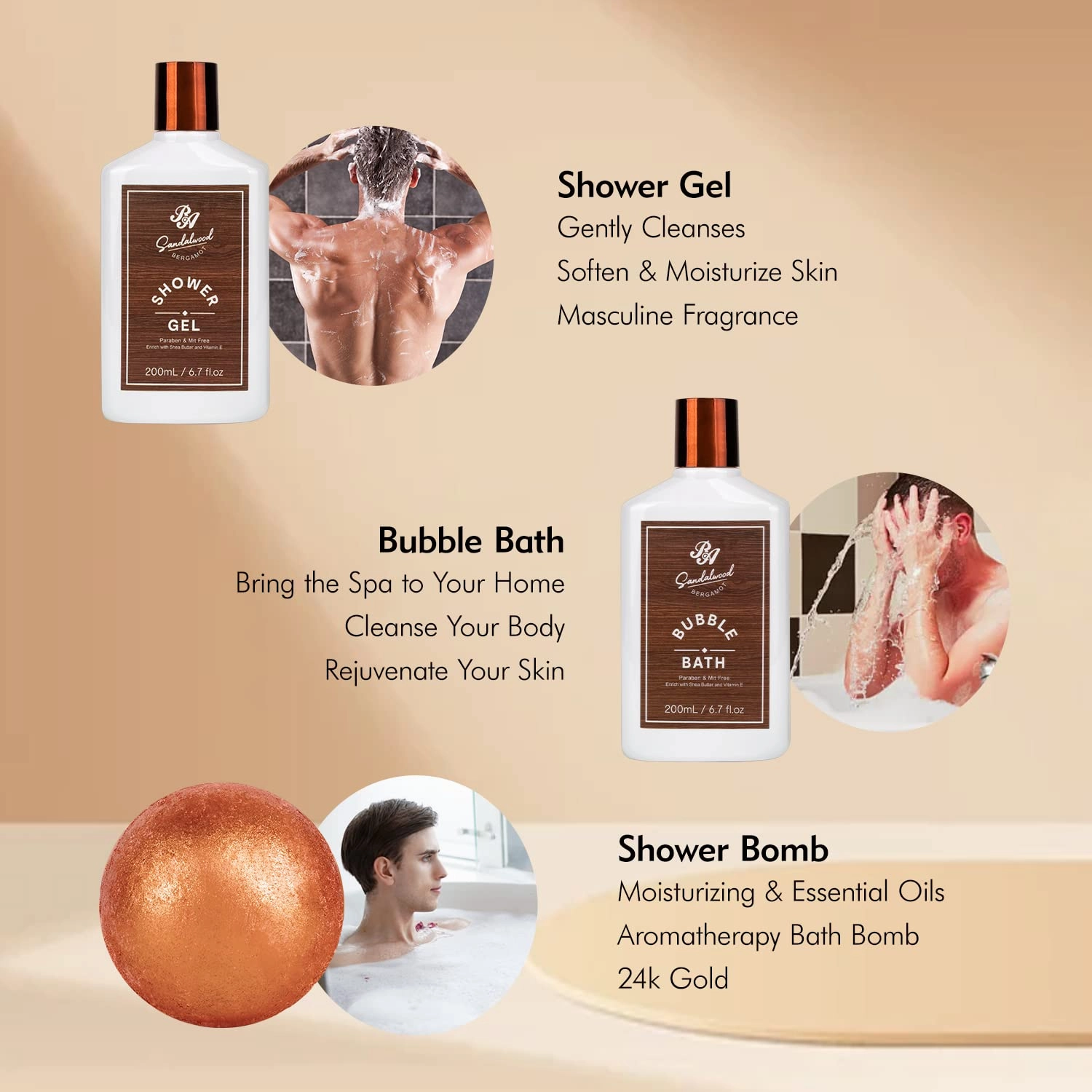 Bath Gift Set & Beard Kit with Leather Bag, 21pcs Sandalwood Bergamot Home Spa Kit, Relaxing Men's Body Wash Gift Basket & More for Christmas, Birthday, Father's Day Gift, Dad, Boyfirend, Husband
