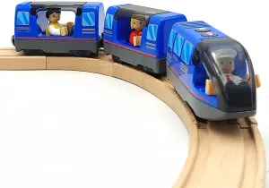 Battery Operated Train Set for Wooden Track Toys - Action Locomotive with Magnetic Connection (Blue, Ages 3-5)