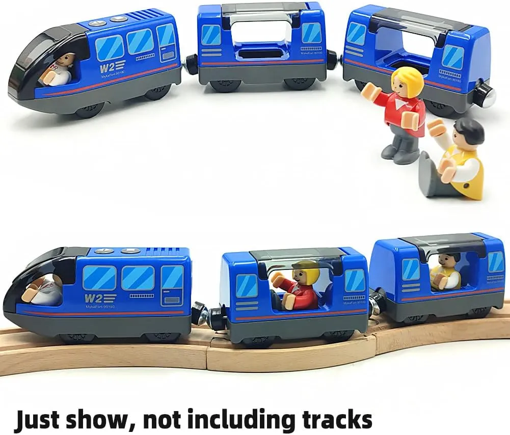 Battery Operated Train Set for Wooden Track Toys - Action Locomotive with Magnetic Connection (Blue, Ages 3-5)
