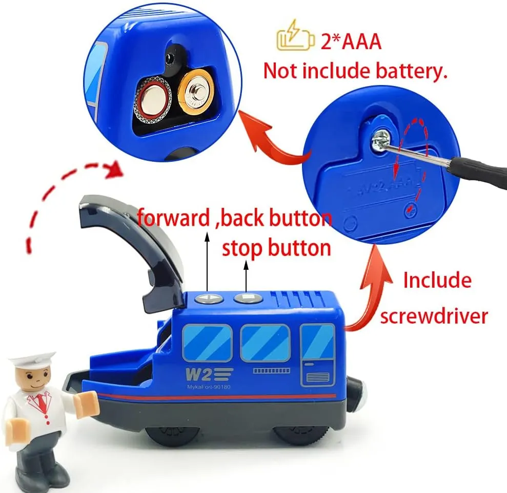 Battery Operated Train Set for Wooden Track Toys - Action Locomotive with Magnetic Connection (Blue, Ages 3-5)