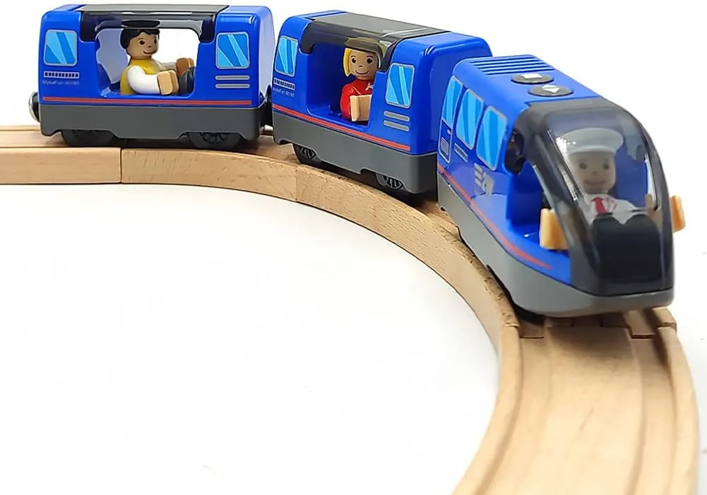 Battery Operated Train Set for Wooden Track Toys - Action Locomotive with Magnetic Connection (Blue, Ages 3-5)