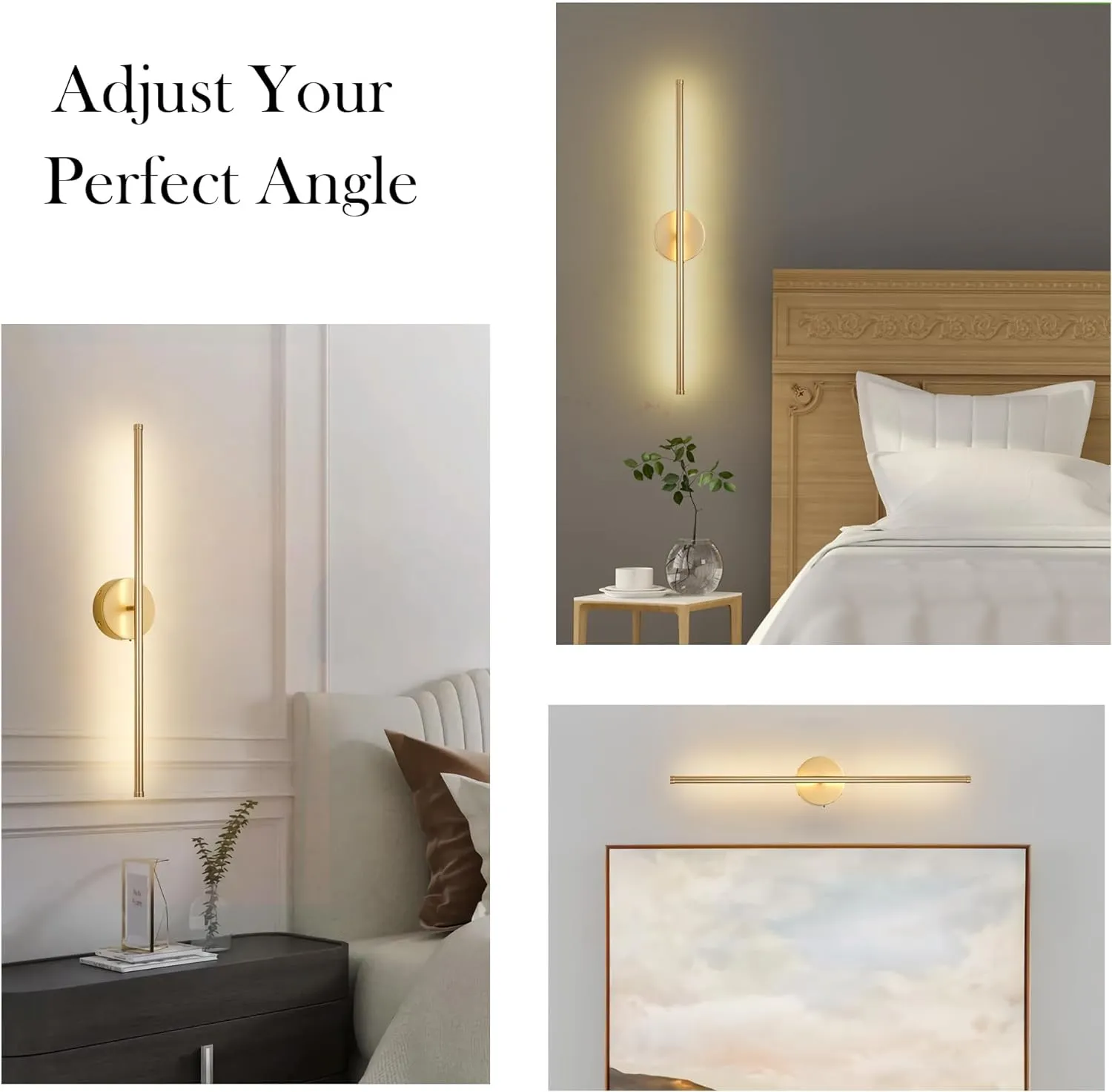 Battery Operated Wall Sconces Set of Two, with Remote Control, Dimmable, Warm White/Natural White/Daylight/RGB, 350°Rotate, LED Gold Wireless Wall Light for Living Room, Bedroom, 28.3 Inch