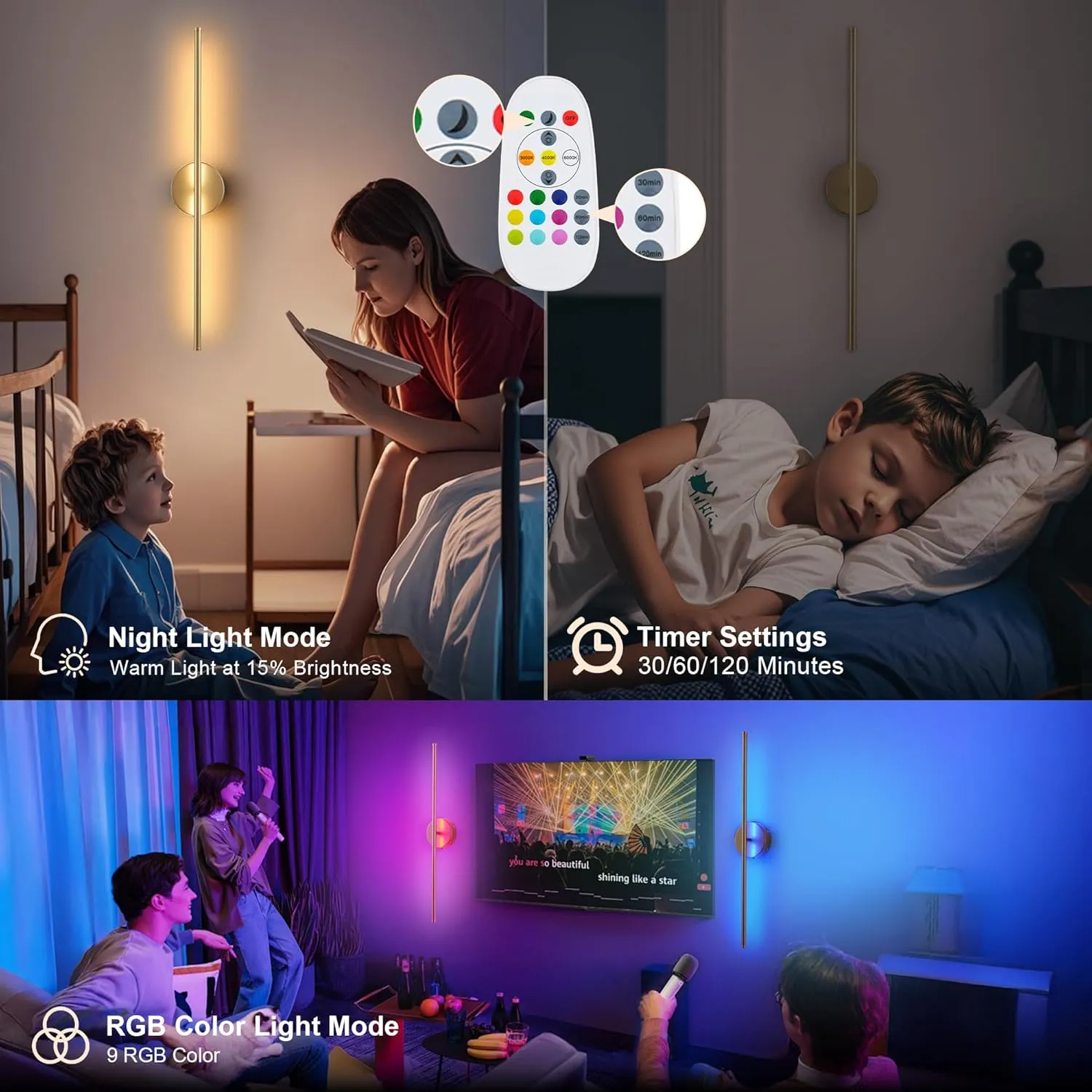 Battery Operated Wall Sconces Set of Two, with Remote Control, Dimmable, Warm White/Natural White/Daylight/RGB, 350°Rotate, LED Gold Wireless Wall Light for Living Room, Bedroom, 28.3 Inch