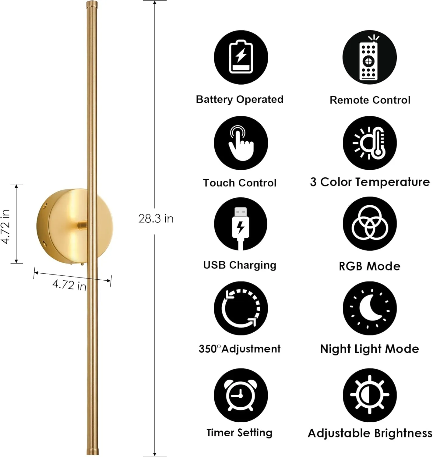 Battery Operated Wall Sconces Set of Two, with Remote Control, Dimmable, Warm White/Natural White/Daylight/RGB, 350°Rotate, LED Gold Wireless Wall Light for Living Room, Bedroom, 28.3 Inch