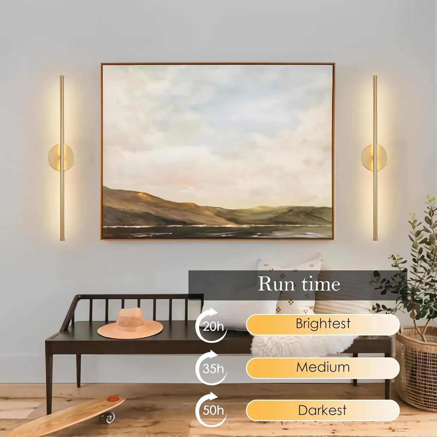 Battery Operated Wall Sconces Set of Two, with Remote Control, Dimmable, Warm White/Natural White/Daylight/RGB, 350°Rotate, LED Gold Wireless Wall Light for Living Room, Bedroom, 28.3 Inch