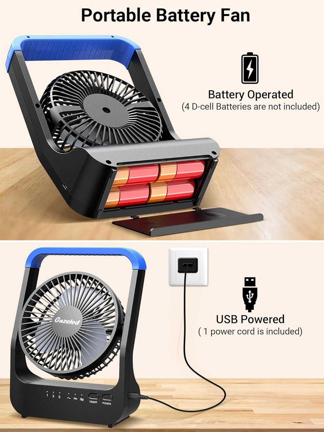 Battery Operated Fan, Camping Fan Battery Powered, Super Long Lasting, Portable D-Cell Battery Powered Desk Fan with Timer, 3 Speeds, Quiet, 180° Rotation, for Office,Bedroom,Outdoor, 5'', Blue