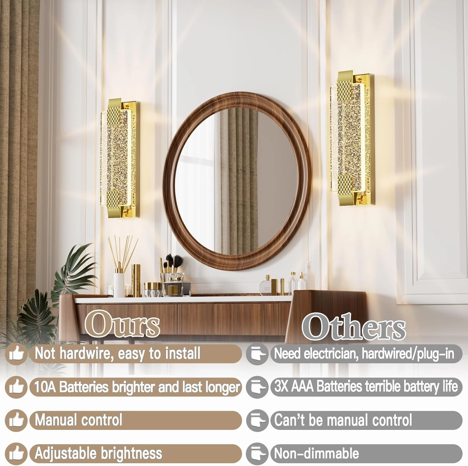 Battery Operated Wall Sconce Rechargeable Battery Powered 12000mAh Wall Light Indoor Not Hardwired Remote Control Dimmable Wall Lamp Fixtures for Bedroom Living Room Gold 1 Pack