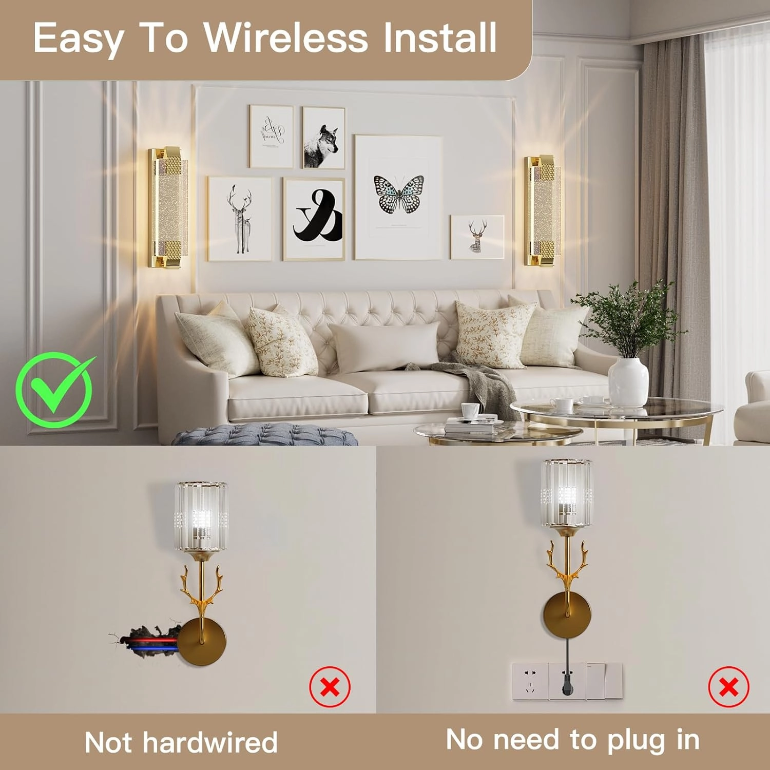 Battery Operated Wall Sconce Rechargeable Battery Powered 12000mAh Wall Light Indoor Not Hardwired Remote Control Dimmable Wall Lamp Fixtures for Bedroom Living Room Gold 1 Pack