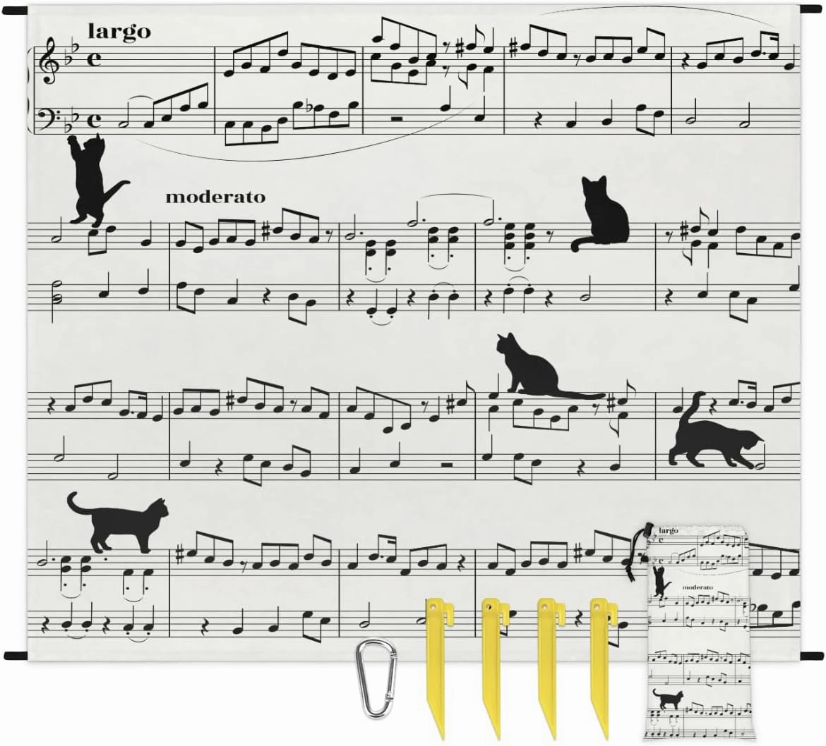 Beach Blanket, Musical Notes Sandproof Beach Mat, Waterproof Quick Drying Sand Free Mat with 4 x Ground Spikes for Outdoor Travel Camping Hiking, Cat Print 68 x 59 in