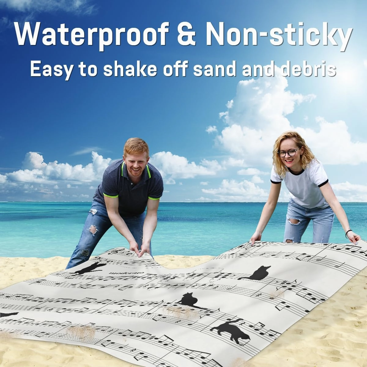 Beach Blanket, Musical Notes Sandproof Beach Mat, Waterproof Quick Drying Sand Free Mat with 4 x Ground Spikes for Outdoor Travel Camping Hiking, Cat Print 68 x 59 in