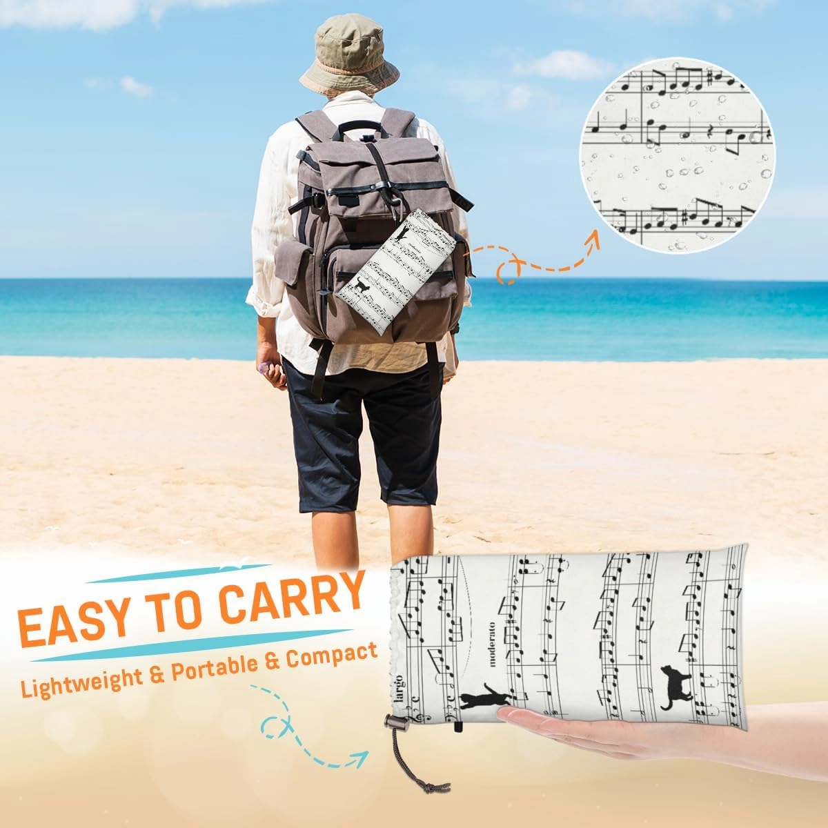 Beach Blanket, Musical Notes Sandproof Beach Mat, Waterproof Quick Drying Sand Free Mat with 4 x Ground Spikes for Outdoor Travel Camping Hiking, Cat Print 68 x 59 in
