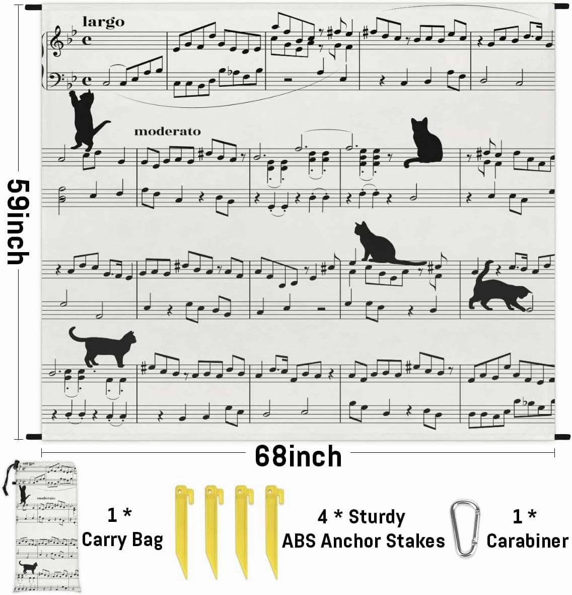 Beach Blanket, Musical Notes Sandproof Beach Mat, Waterproof Quick Drying Sand Free Mat with 4 x Ground Spikes for Outdoor Travel Camping Hiking, Cat Print 68 x 59 in