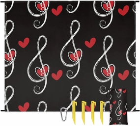 Beach Blanket, Musical Notes Sandproof Beach Mat, Waterproof Quick Drying Sand Free Mat with 4 x Ground Spikes for Outdoor Travel Camping Hiking, Music Heart 68 x 59 in