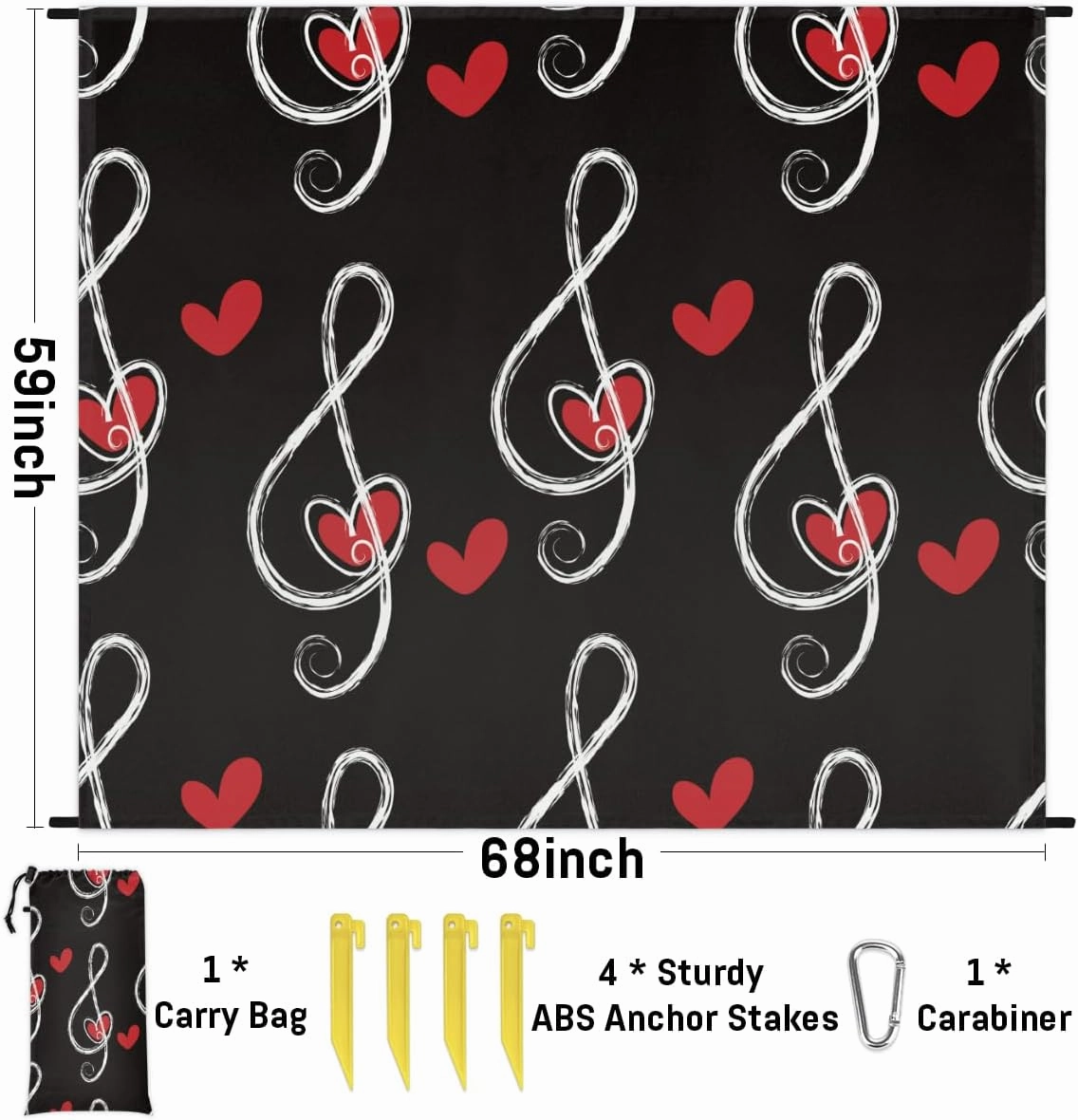 Beach Blanket, Musical Notes Sandproof Beach Mat, Waterproof Quick Drying Sand Free Mat with 4 x Ground Spikes for Outdoor Travel Camping Hiking, Music Heart 68 x 59 in