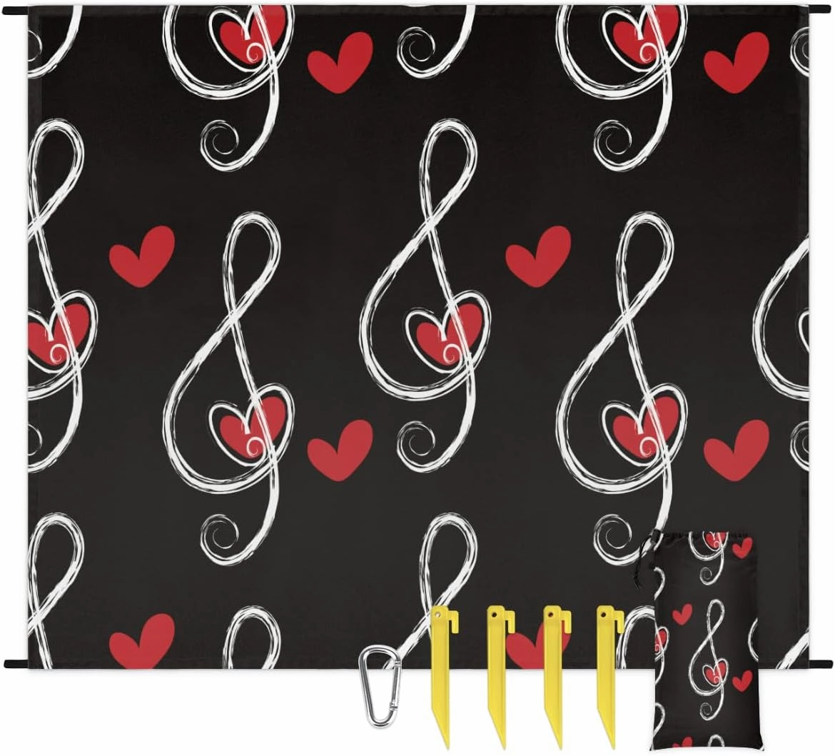 Beach Blanket, Musical Notes Sandproof Beach Mat, Waterproof Quick Drying Sand Free Mat with 4 x Ground Spikes for Outdoor Travel Camping Hiking, Music Heart 68 x 59 in